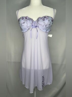 Inner Secrets NWT Lilac Embroidered Lace-Front Chemise & G-string Thong Y2K Sz L